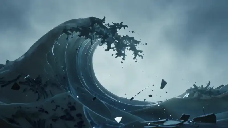 A blue misty wave rises amidst shattered porcelain fragments