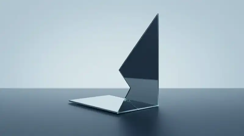 A fractured silhouette emerges from split, geometric glass forms