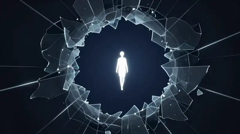 A glowing silhouette walks away through fractured glass circles