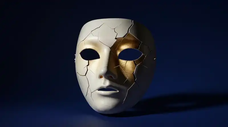 A shattered porcelain mask glows with gold in deep blue