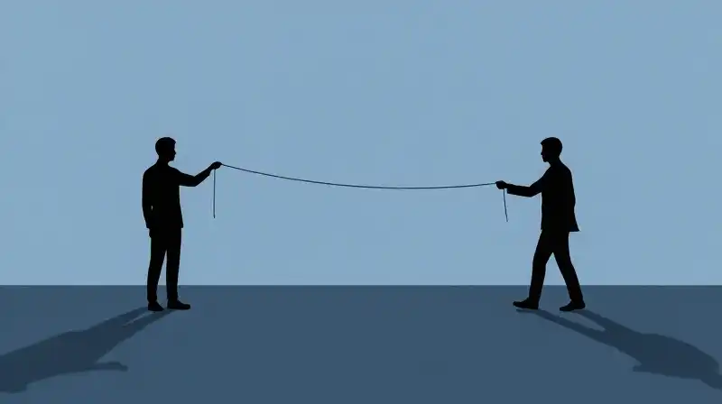 Two silhouetted figures connect through a single fraying thread