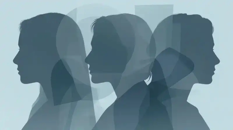 Overlapping silhouettes of diverse profiles float against a blue background