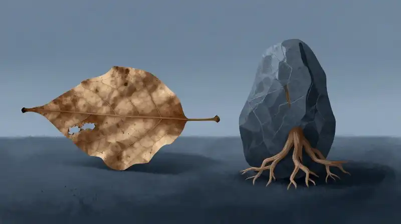 A fragile wilting leaf contrasts with a steady rooted stone