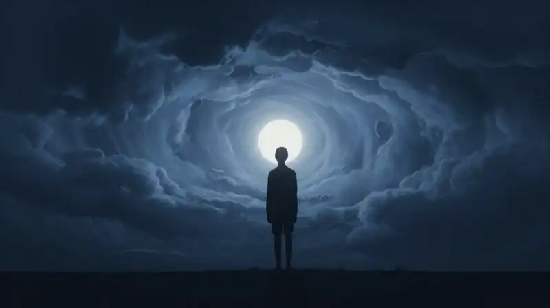 A dark silhouette stands amidst swirling, tranquil blue clouds