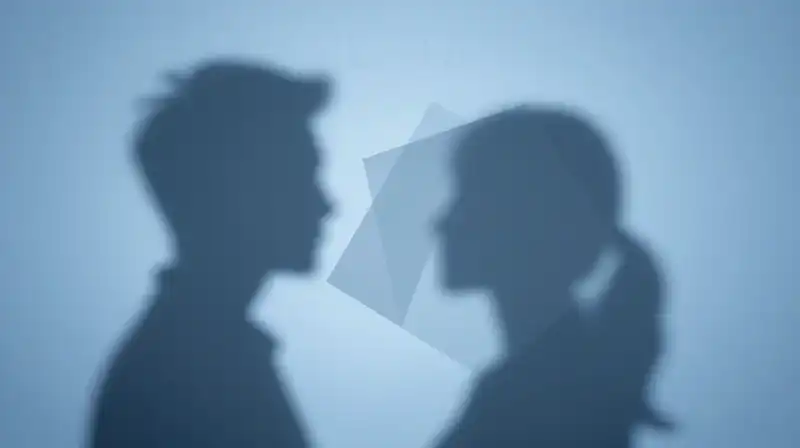Two overlapping silhouettes drift amidst translucent, blue geometric shapes