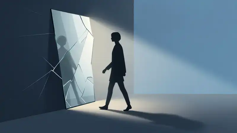 A luminous silhouette steps through shadows into a blue void