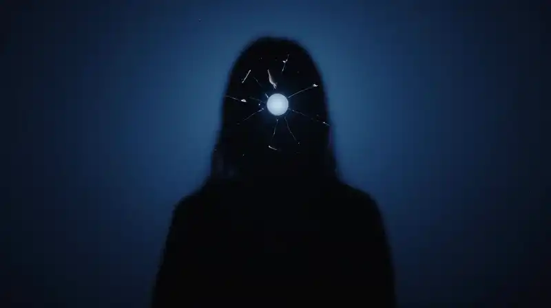 A dark silhouette eclipses a small, glowing orb