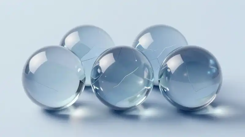 Five interlocking geometric spheres float in a soft blue atmosphere