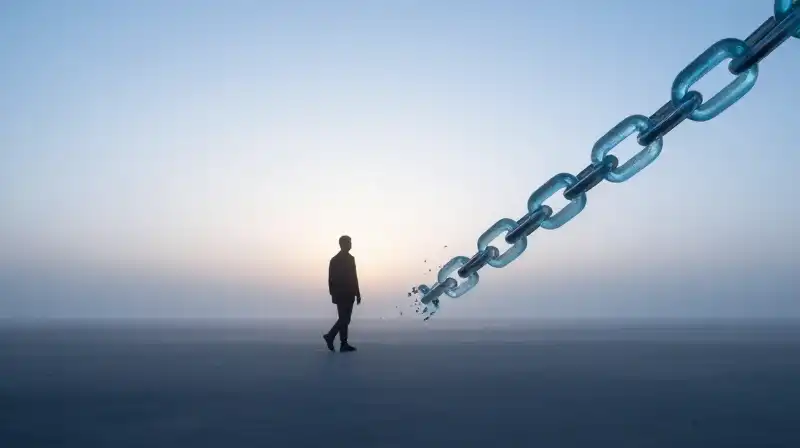 A silhouette walks toward light past a breaking glass chain