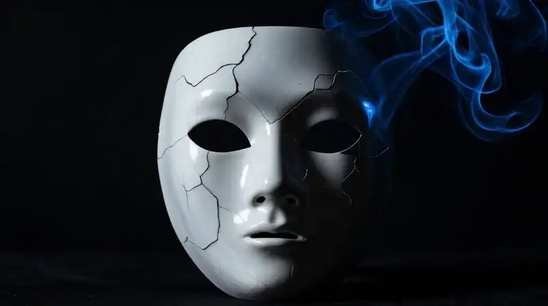 A cracked porcelain mask emerges from swirling blue smoke
