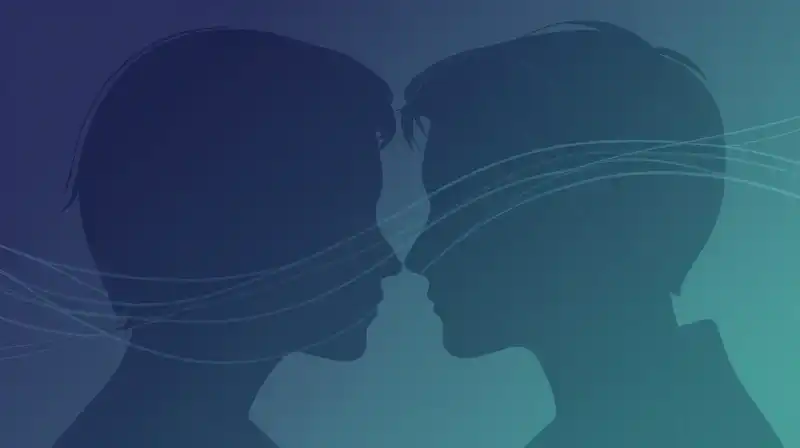 Two translucent silhouettes overlap amidst soft, interconnected geometric lines