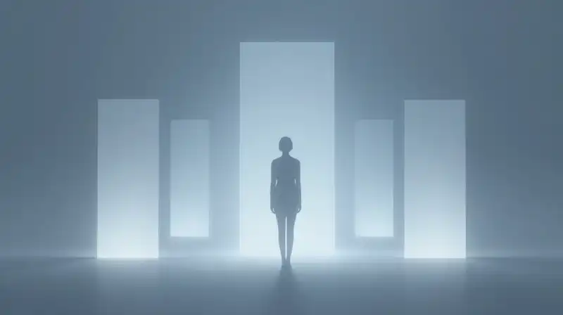 An ethereal silhouette stands among glowing, geometric pillars of light