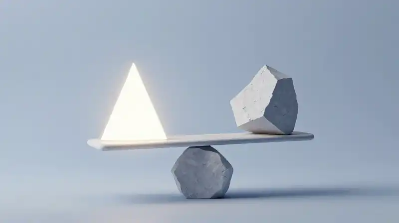 Glowing geometric shapes balance on a scale in a void