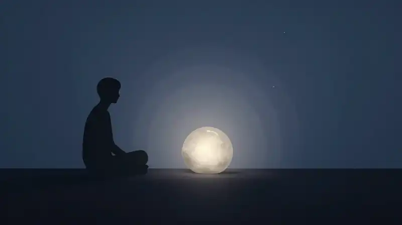 A dark silhouette contemplates a single glowing stone