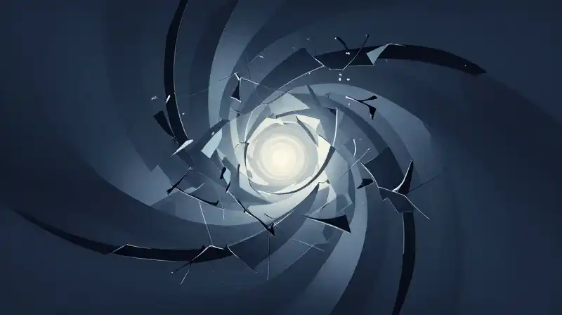 Swirling blue geometric shapes surround a glowing central core