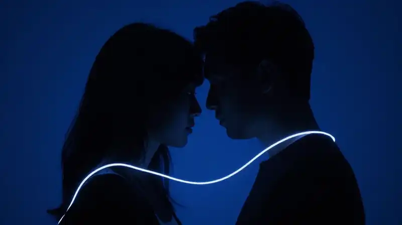 Two intertwined silhouettes joined by a single glowing thread