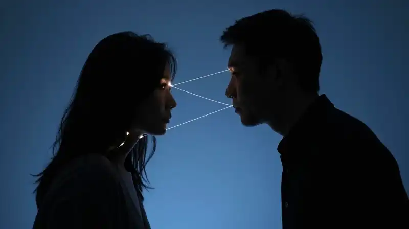 Two silhouetted figures connect through glowing threads of light