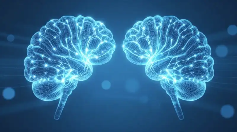 Glowing blue neural networks pulse within an ethereal brain silhouette