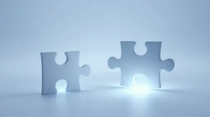 Glowing geometric puzzle pieces fit together in a blue void