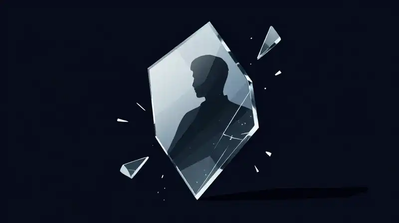 A shattered glass monolith reflects a distorted silhouette in darkness