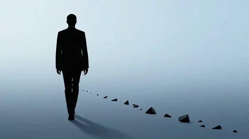 A silhouette walks toward light through blue morning fog