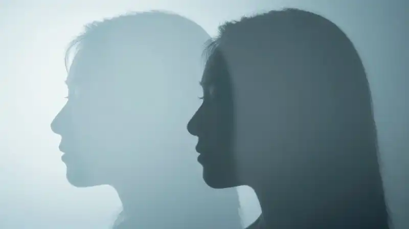 Two overlapping translucent silhouettes drift through muted blue layers