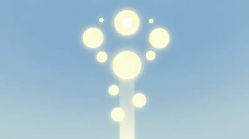 Ten glowing spheres float in a column within blue void