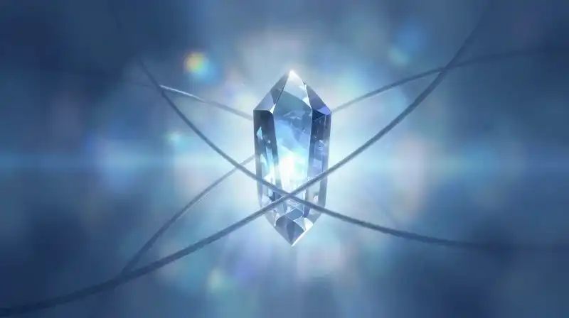 A silhouetted crystal core refracts colorful light through dark shadows