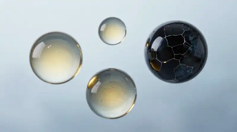 Four glowing glass spheres float amidst ethereal blue mist