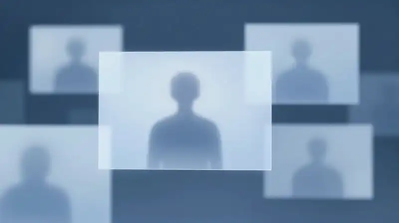 Translucent screens float with flickering character silhouettes in blue light