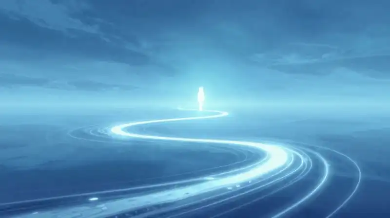 A glowing wanderer stands before swirling paths and dreamy horizons
