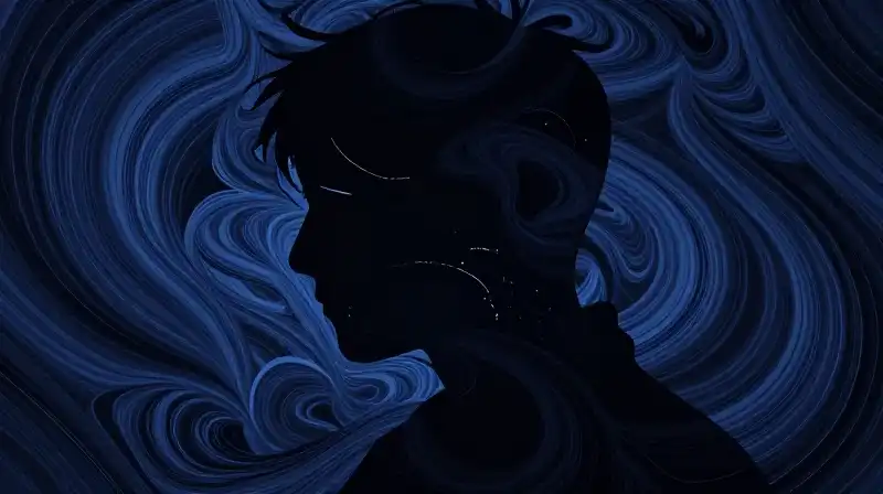 A fragmented silhouette swirls amidst chaotic, dark blue patterns