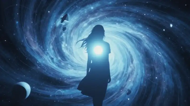 A glowing silhouette floats amidst swirling blue cosmic particles