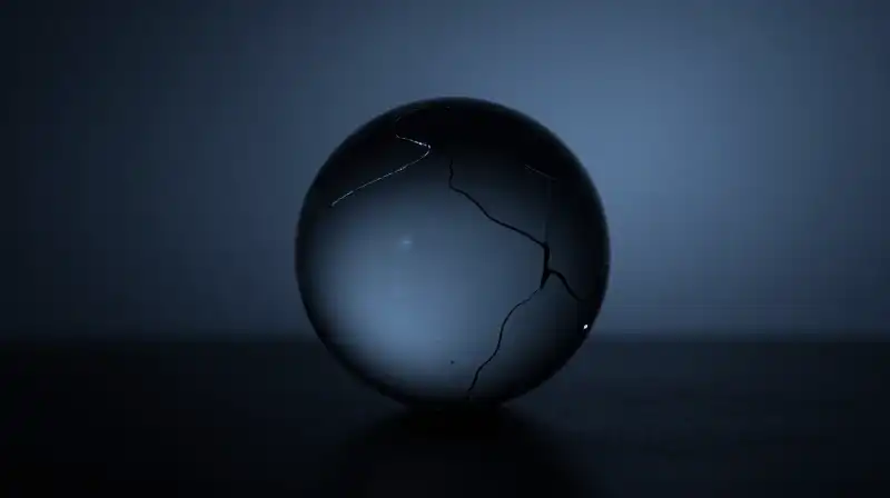 A jagged, fractured glass sphere floats in a dark void