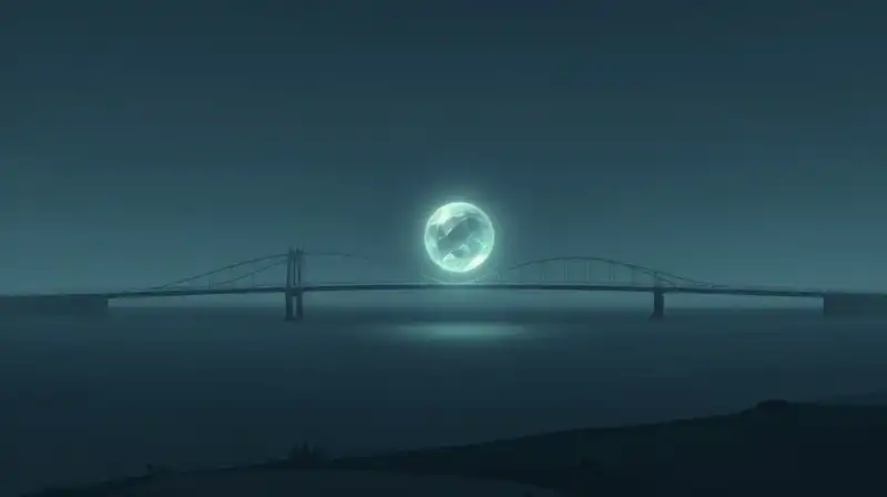 A glowing light bridge connects a floating crystal to land