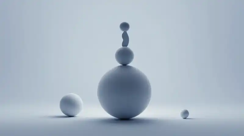 A lone silhouette stands among soft, floating geometric spheres