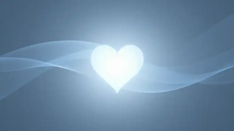 A translucent silhouette with a glowing heart amidst blue waves