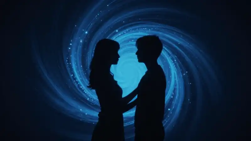 Two glowing blue silhouettes spiral together within a dark void
