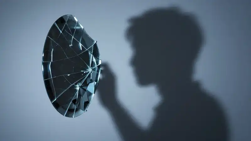 A fragile silhouette mends a cracked mirror amidst blue shadows