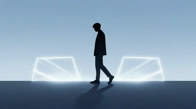 A silhouette walks away from shadows toward a glowing barrier