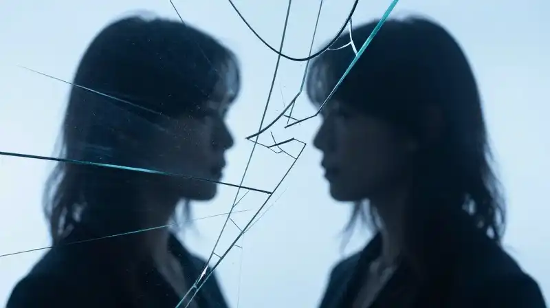 Translucent blue silhouettes overlap amidst fractured, intertwining glass fragments