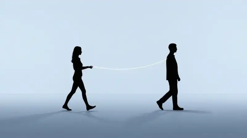 Two silhouettes drift apart, connected by a fraying glowing thread