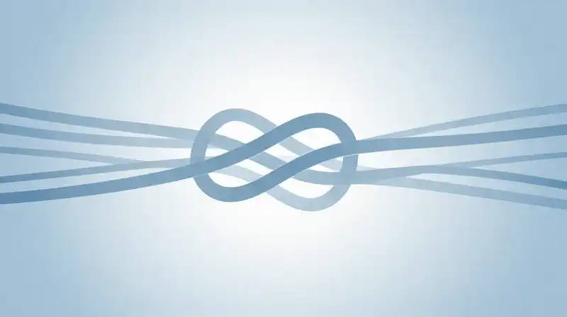 A tangled knot unravels into straight lines against blue