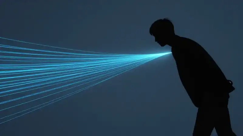 A dark silhouette reaches toward a glowing, tangled blue tether