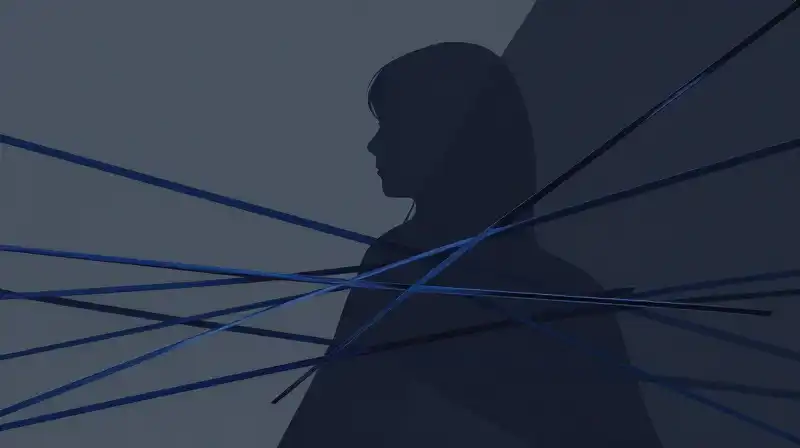 A fractured blue geometric silhouette emerges from deep shadows