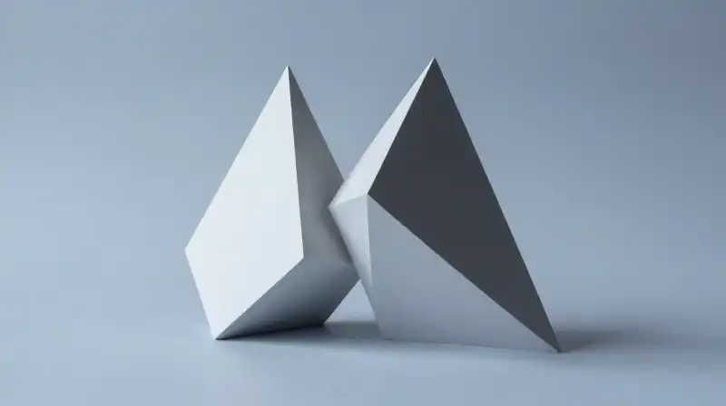 A structured prism stands against a chaotic, jagged shape