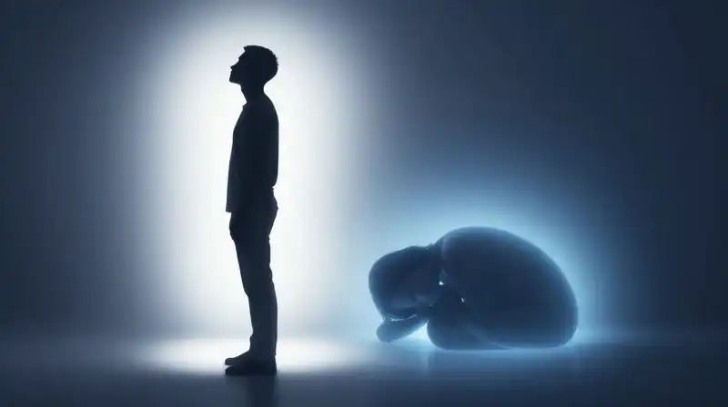 Two silhouettes stand apart in contrasting blue and bright light