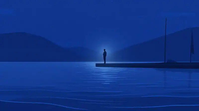 A glowing silhouette finds peace in a calm blue harbor