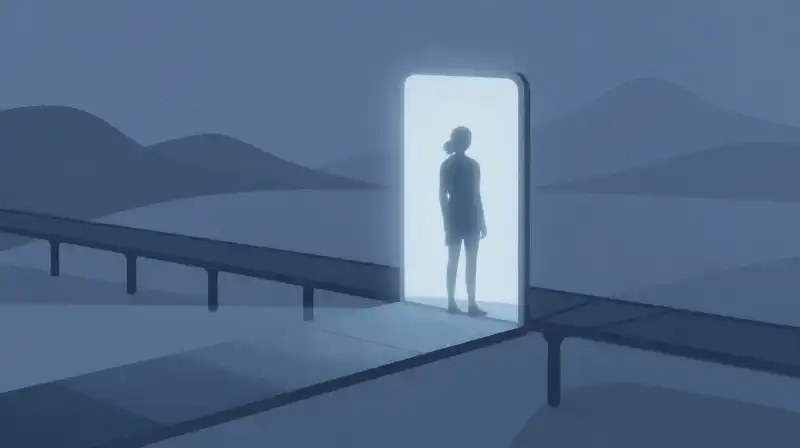 A glowing silhouette gazes into a mirror bridging two worlds
