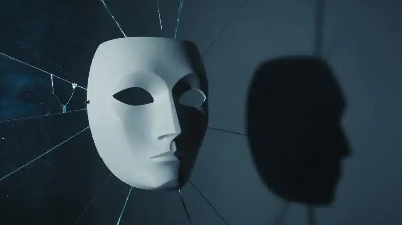 Two contrasting silhouettes face a fractured, translucent geometric mask